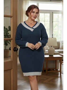 Contrast Varsity Stripe V-Neck Knee Length Knit Mini Plus Size Sweater Dress